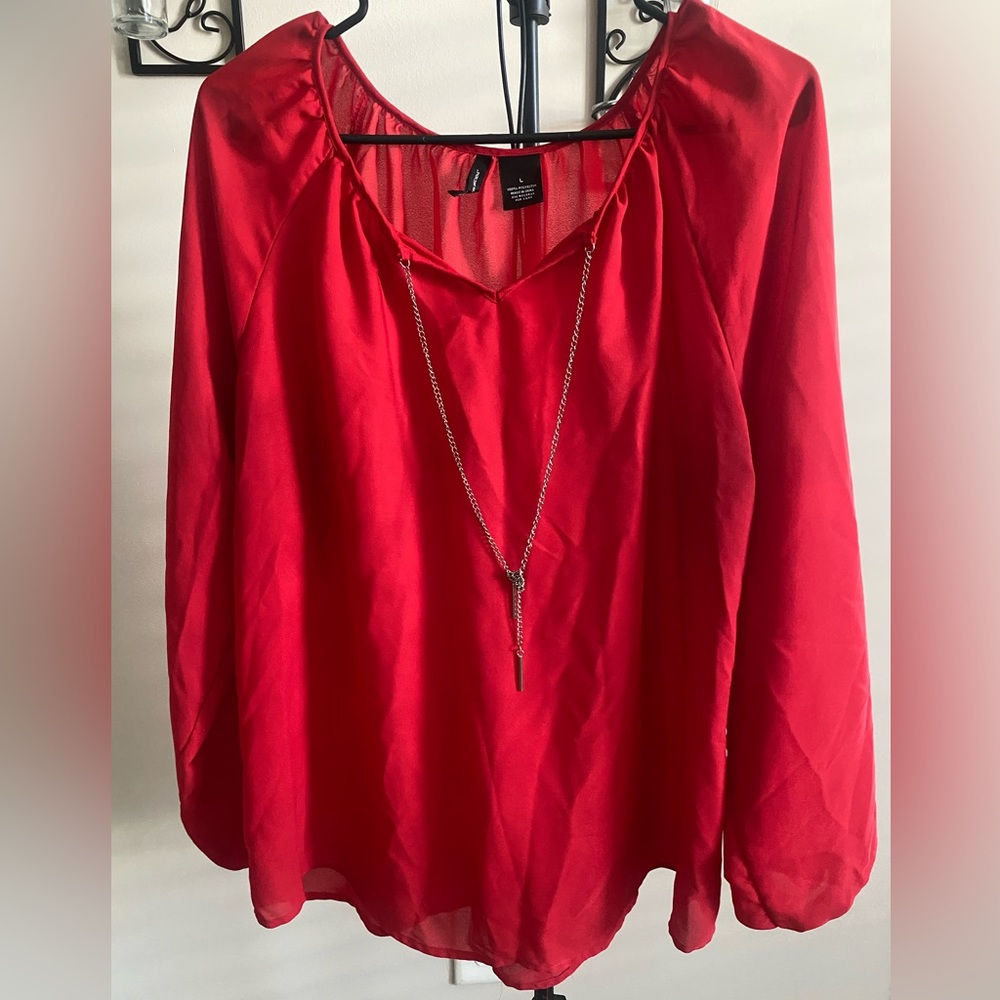 New Directions Red Mesh Long Sleeve Blouse